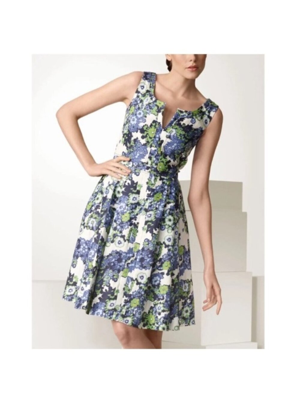 Floral Sleeveless A-Line Mini Dress in Blue & Green